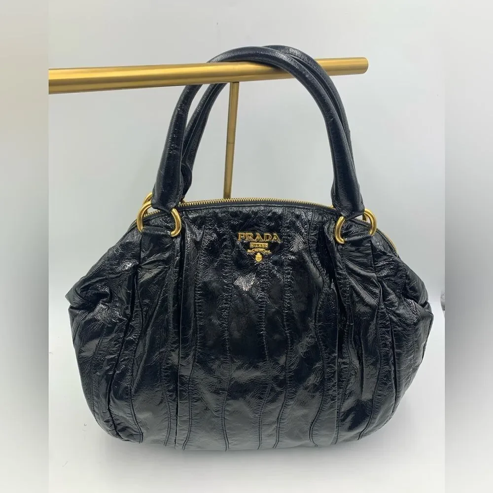 Auth Prada Black Patent Leather Whipstitch Tonal Stripe Satchel Lightweight